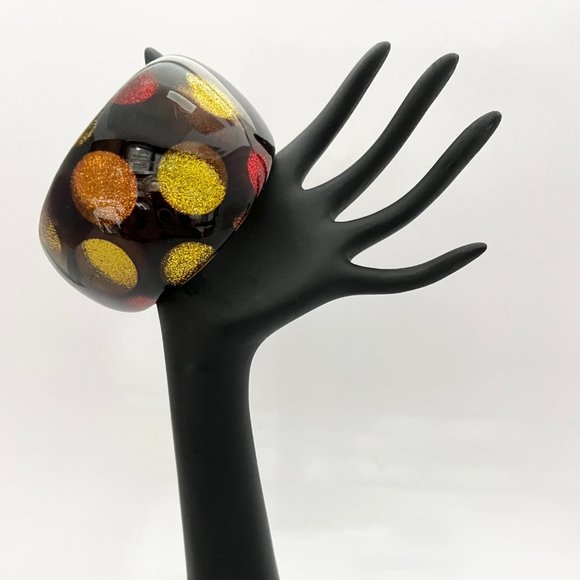 LUCITE POLKA DOT BANGLE BRACELET, CHUNKY DARK BROWN COPPER RED, CITRINE GLITTER - Picture 5 of 8